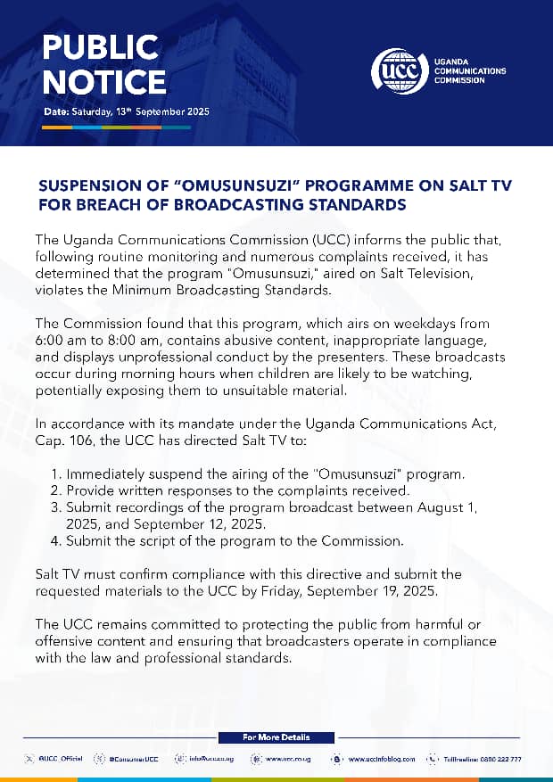 Salt TV’s ‘Omusunsuzi’ Pulled Off Air for Violating Broadcasting Standards