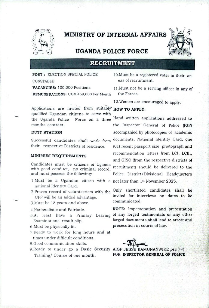 Uganda Police Recruits 100,000 Officers To Manage Election.