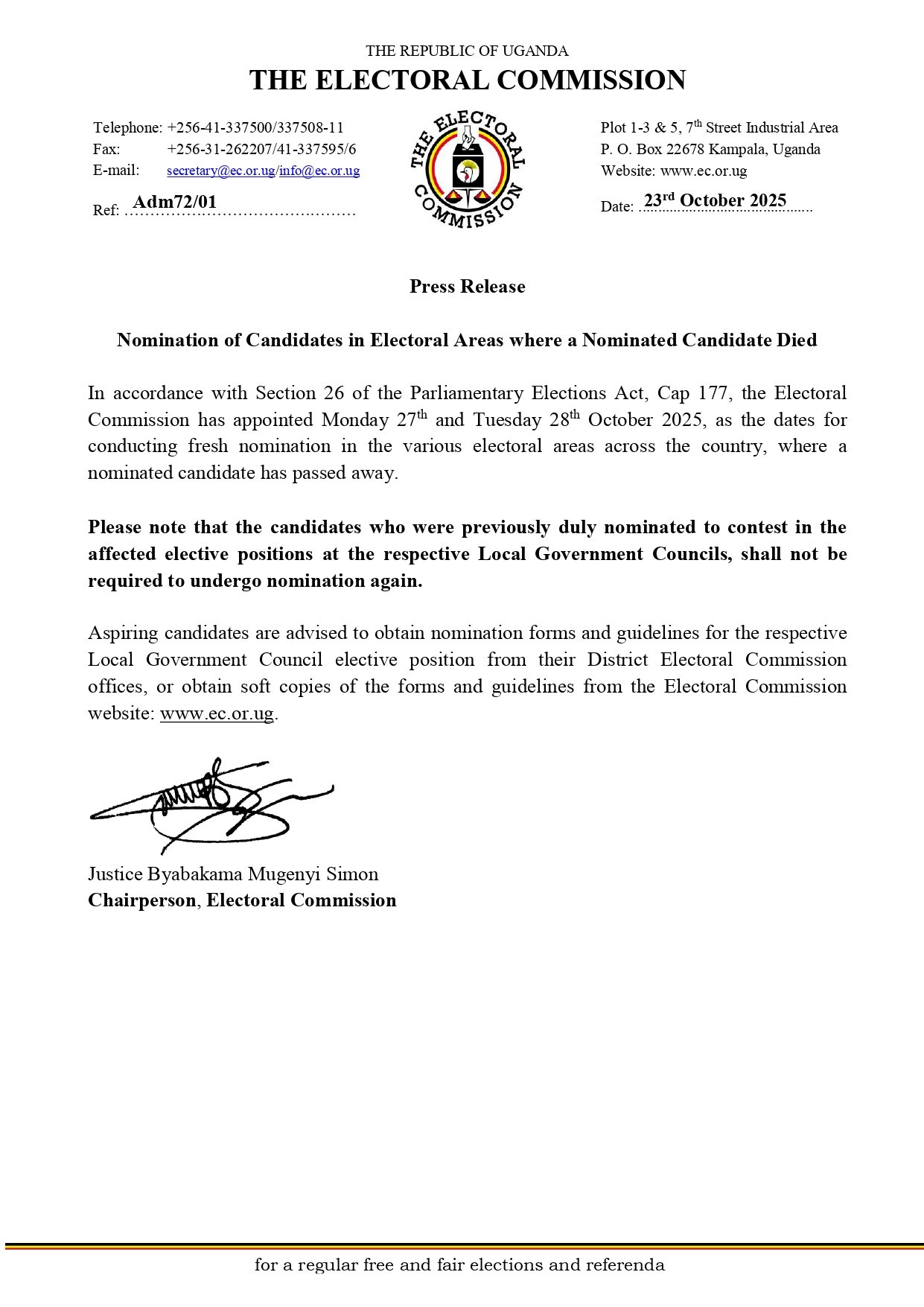 Electoral Commission Announces New Nomination Dates for Affected Areas