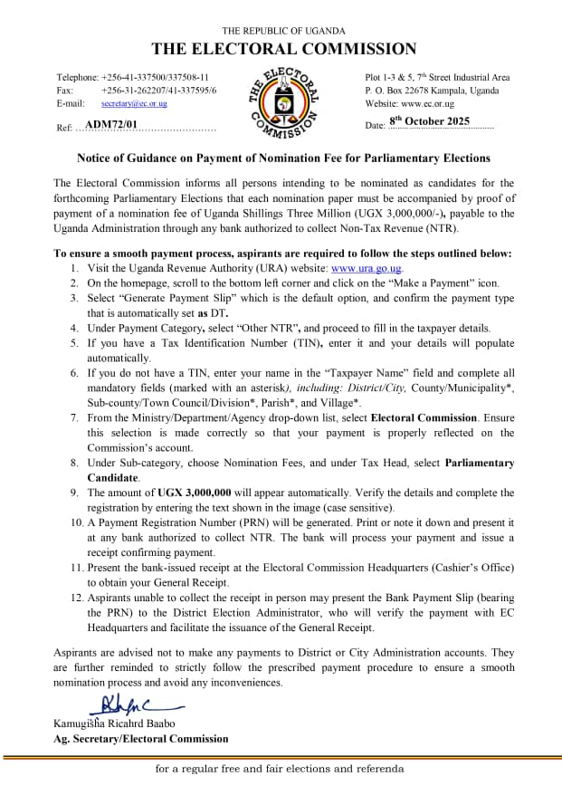 How To Pay Nomination Fees For Parliamentary Position; EC Issues Guidelines