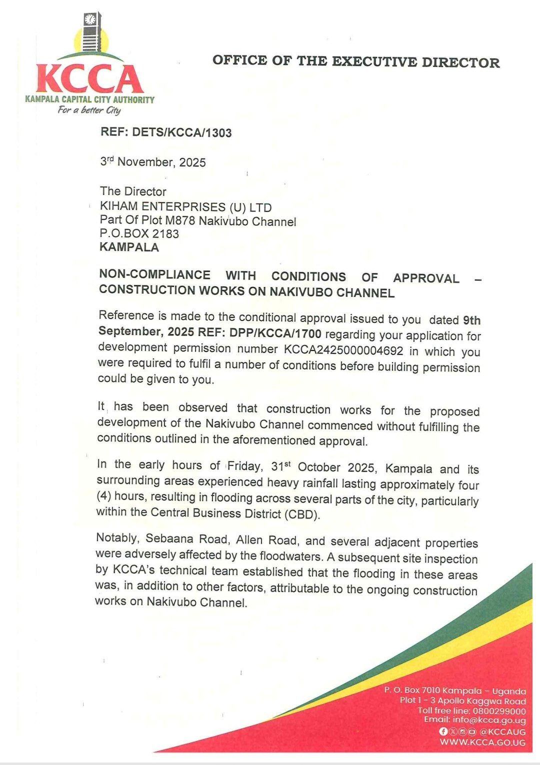 KCCA Directs Ham to Stop Building on Nakivubo