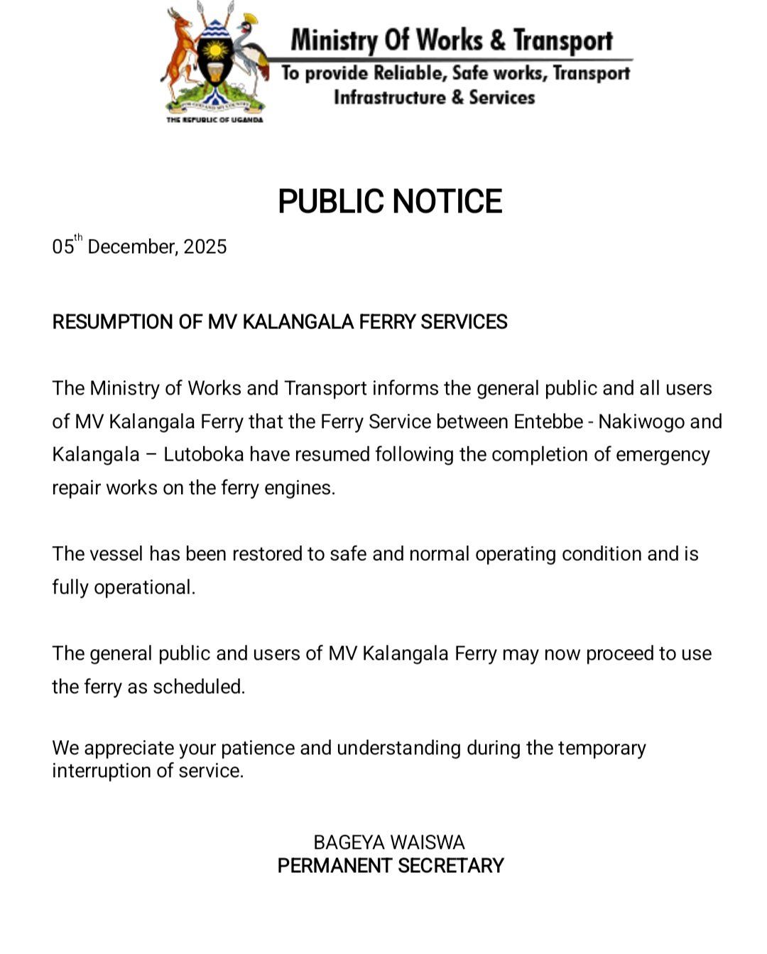 MV Kalangala Ferry Back on Water!! Safe and Fully Operational