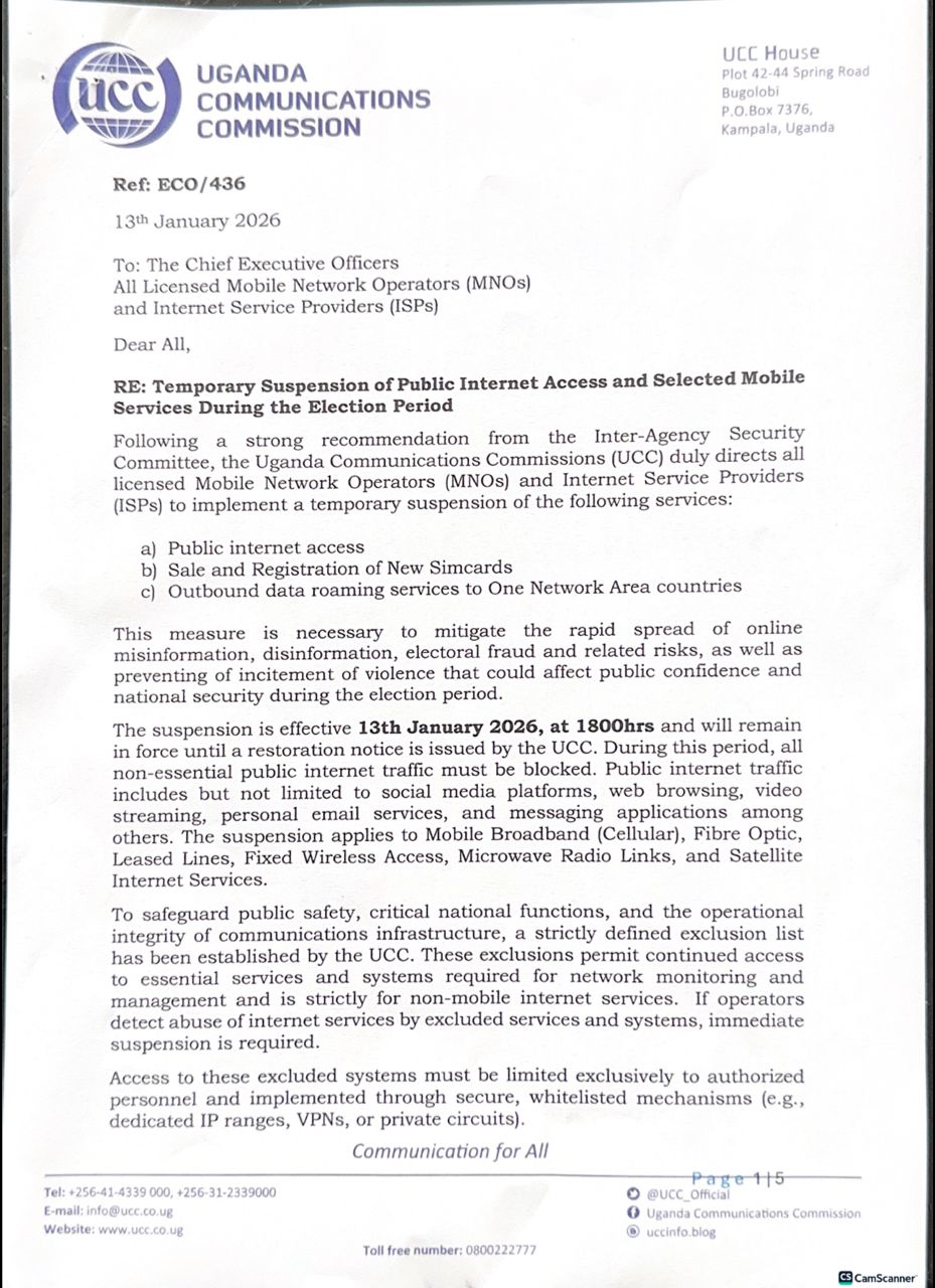 JUST IN! Uganda Orders Internet Shutdown as Election Period Begins