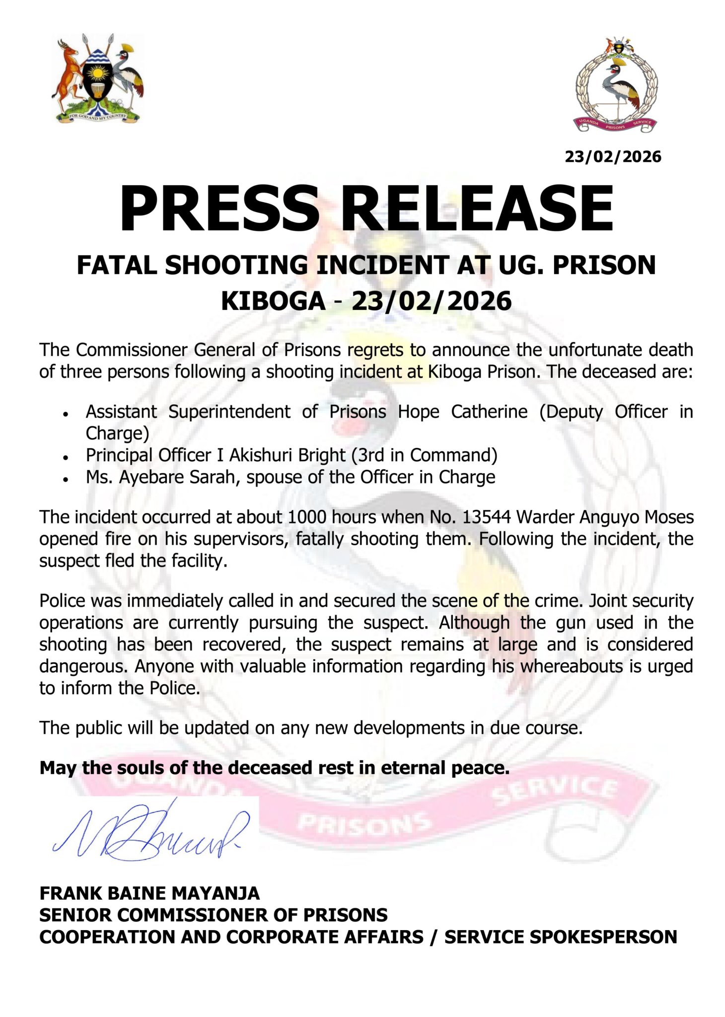 Shock and Sorrow at Kiboga! Senior Prison Officers Gunned Down By Junior Officer