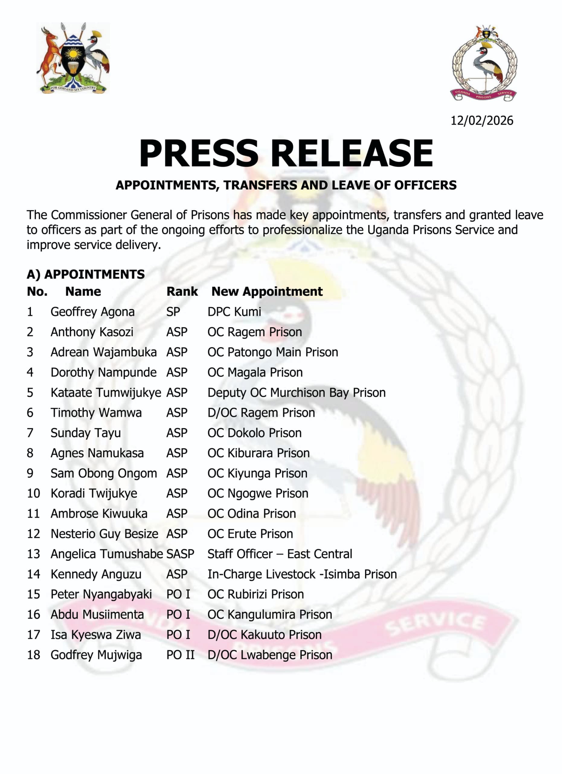 Prisons Leadership Reshuffle Aimed at Strengthening Service Delivery