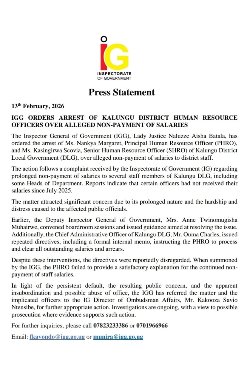IGG Cracks Whip on Kalungu Officials Over Months of Unpaid Salaries