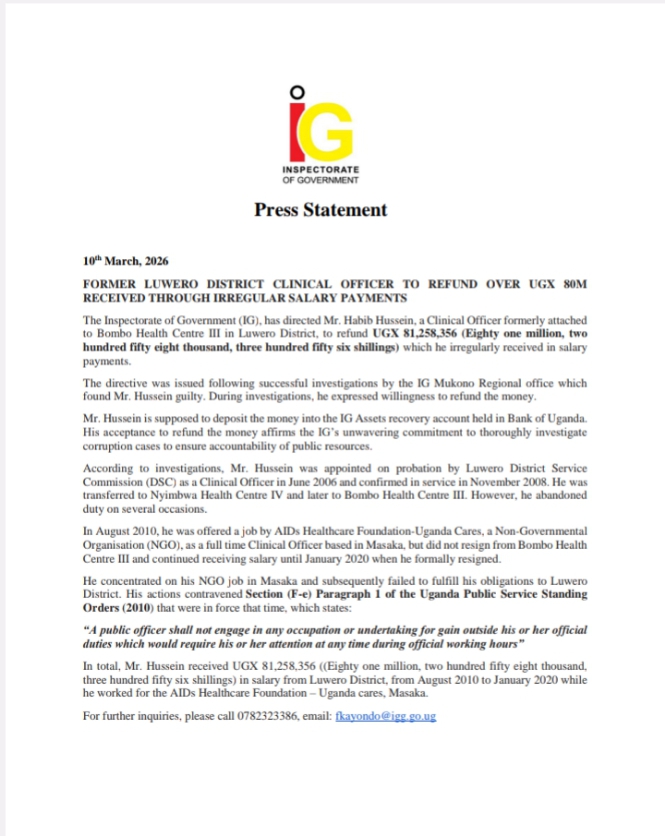 Exposed! Former Health Officer Ordered to Refund Shs81.2 Million in Salary Scandal