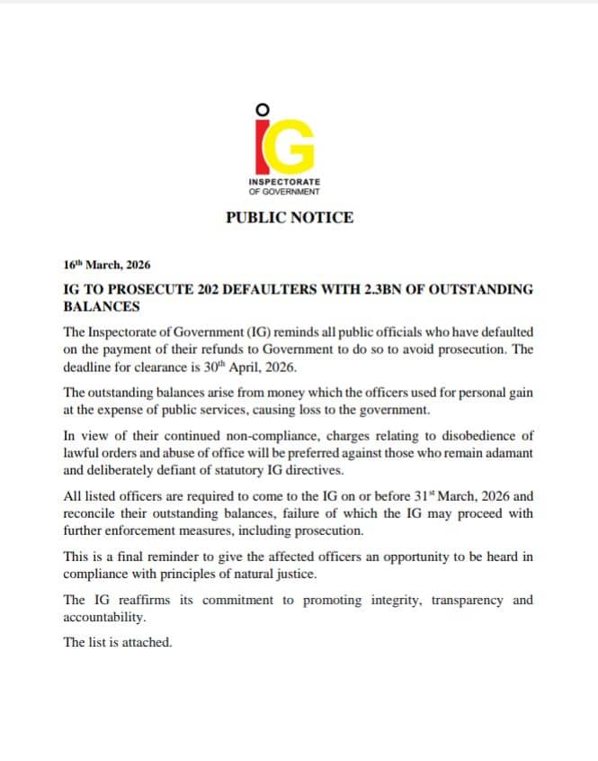 202 Public Officials Face Prosecution as IG Cracks Down on UGX 2.3 Billion Refund Default