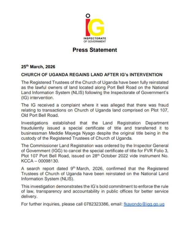 IG Steps In! Church of Uganda Regains Land Lost to Fraud
