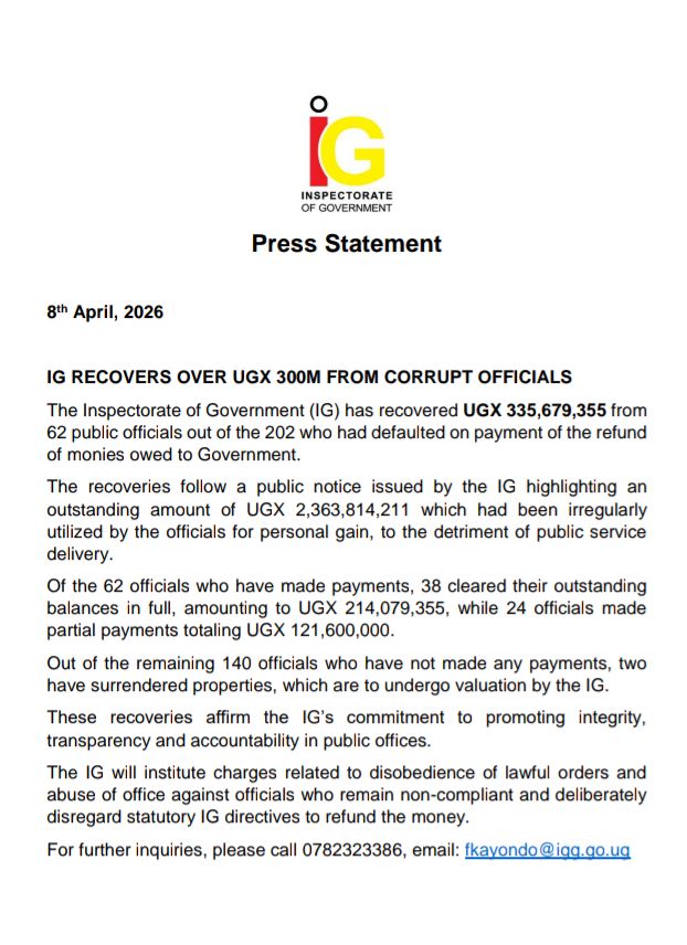 IG Cracks Down on Corruption, Recovers Over UGX 300 Million