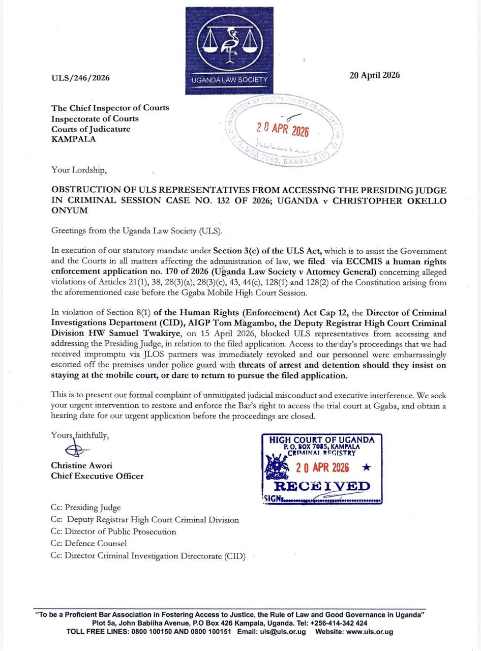 Uganda Law Society Takes Action Against Obstruction at Ggaba Mobile High Court in Okello Onyum Case