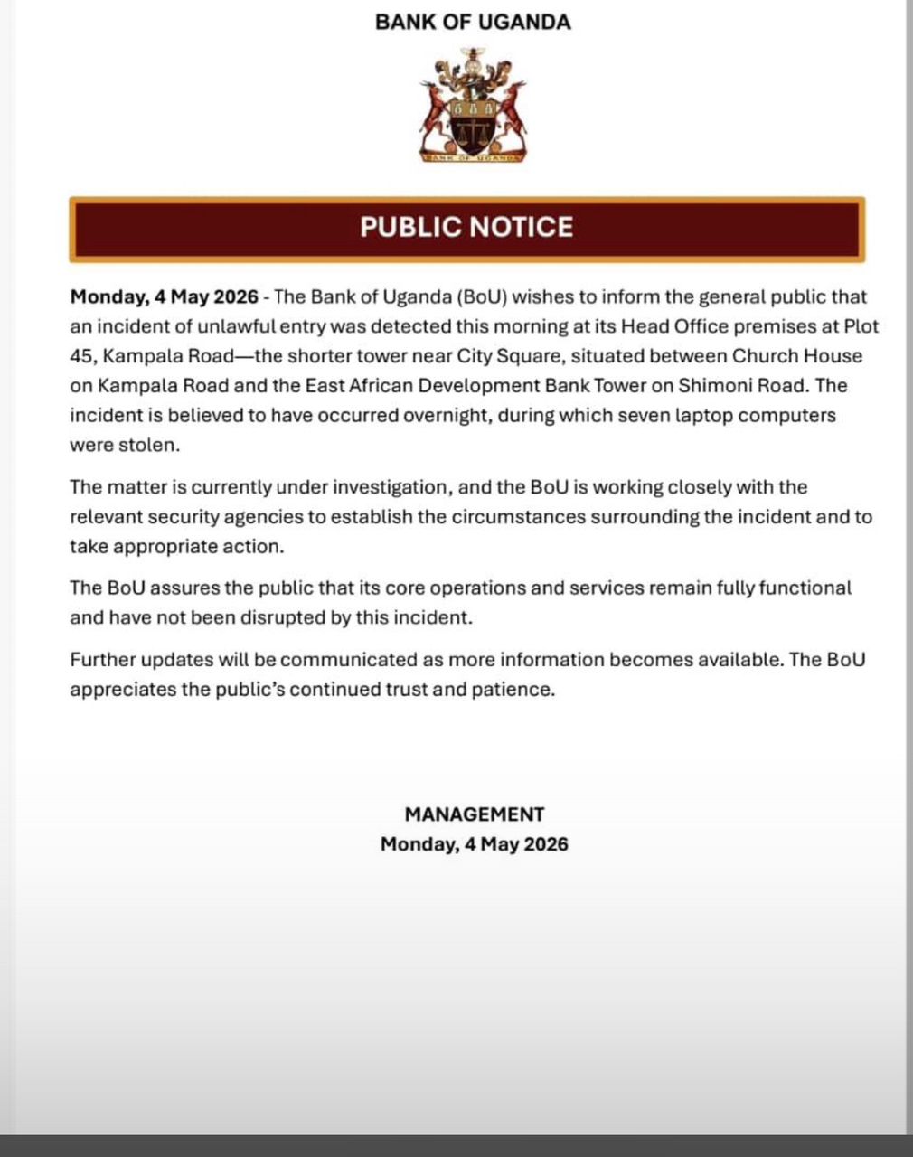 Seven Laptops Stolen in Daring Overnight Break-In at Bank of Uganda