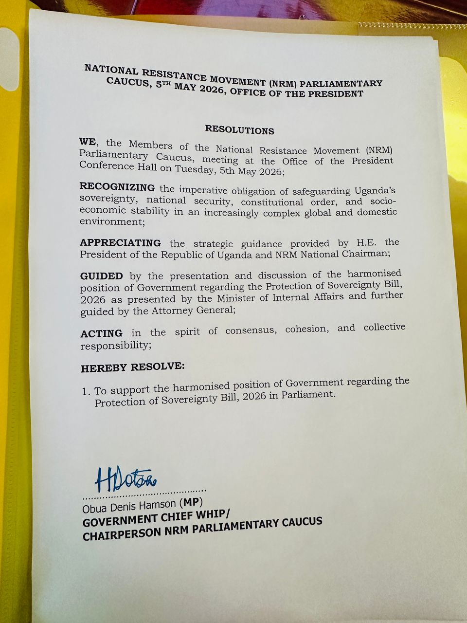 Government Gains Strong Backing as NRM MPs Rally Behind Sovereignty Bill