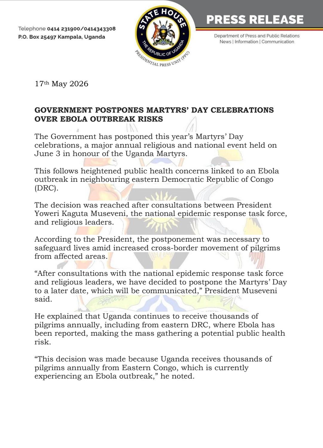 Uganda Postpones Martyrs’ Day Amid Ebola Concerns