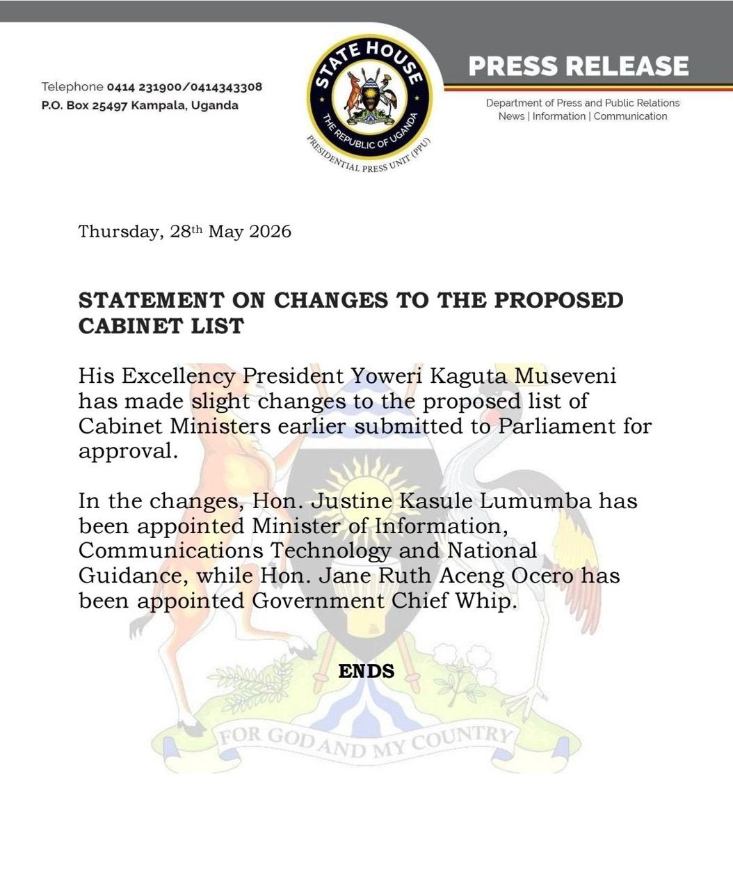 Museveni Announces Major Cabinet Changes for 2026–2031 Term