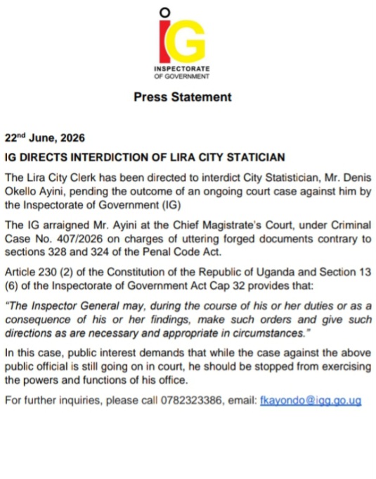 Lira City Statistician Suspended Pending Court Case After IG Directive