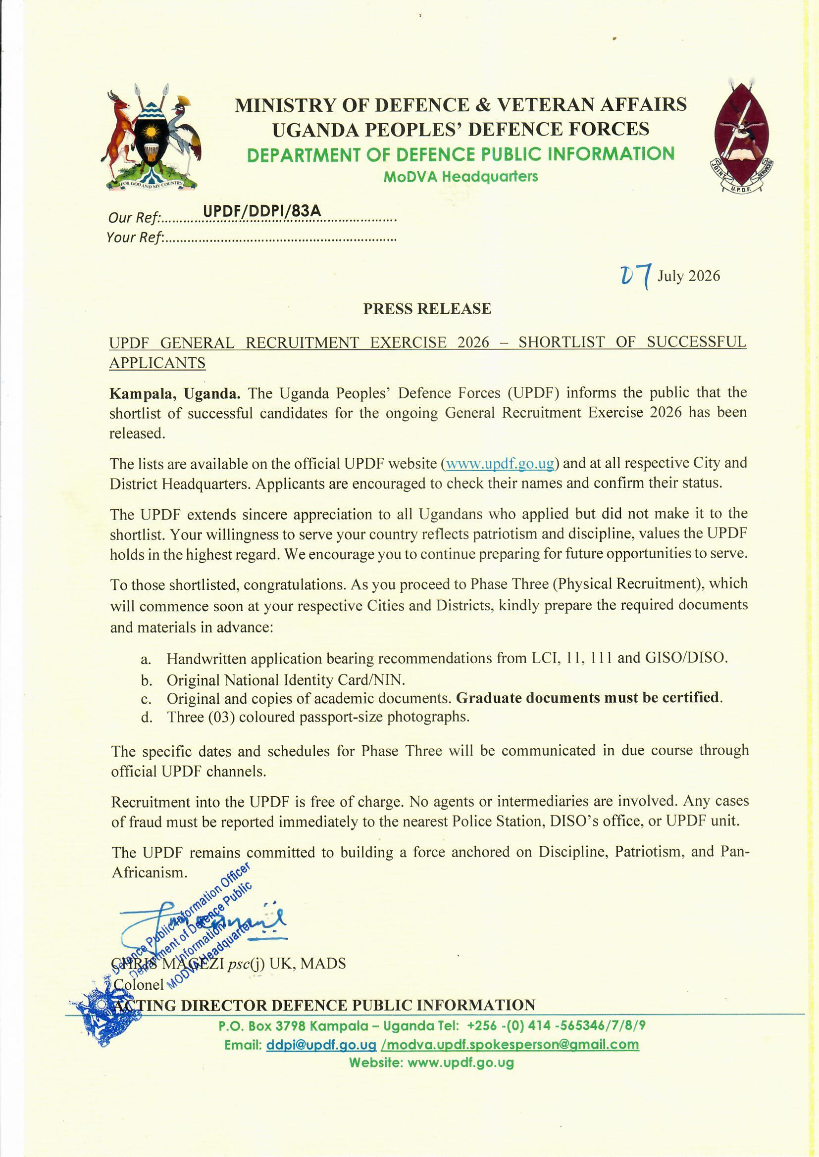 UPDF Releases 2026 Recruitment Shortlist As Successful Applicants Prepare For Physical Exercise