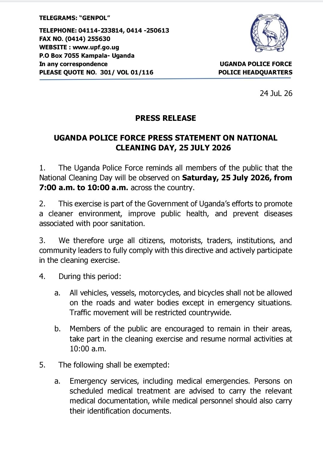 Uganda Police Announce Movement Restrictions Ahead of National Cleaning Day