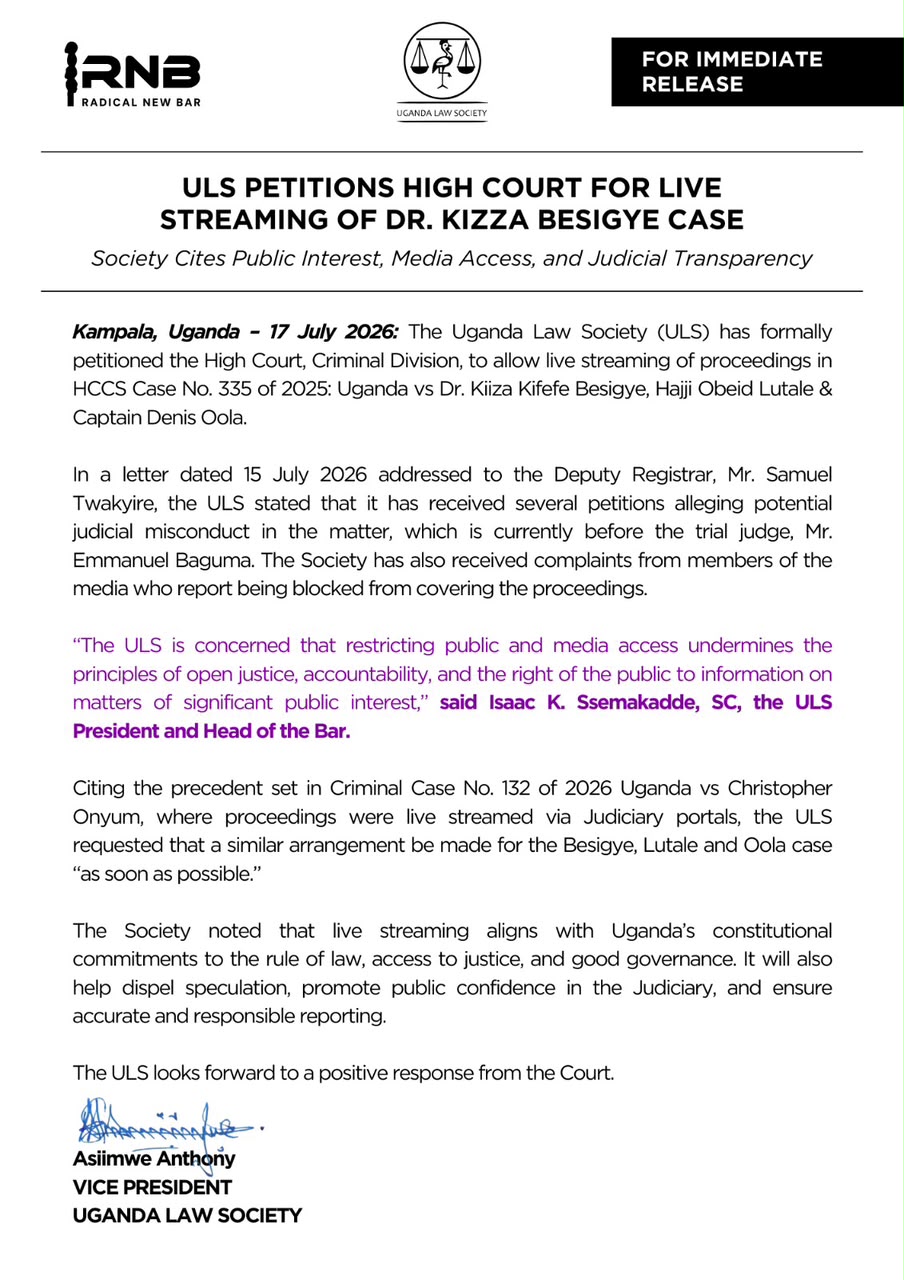 ULS Demand Open Justice in Besigye Case, Cite Public Interest and Media Access