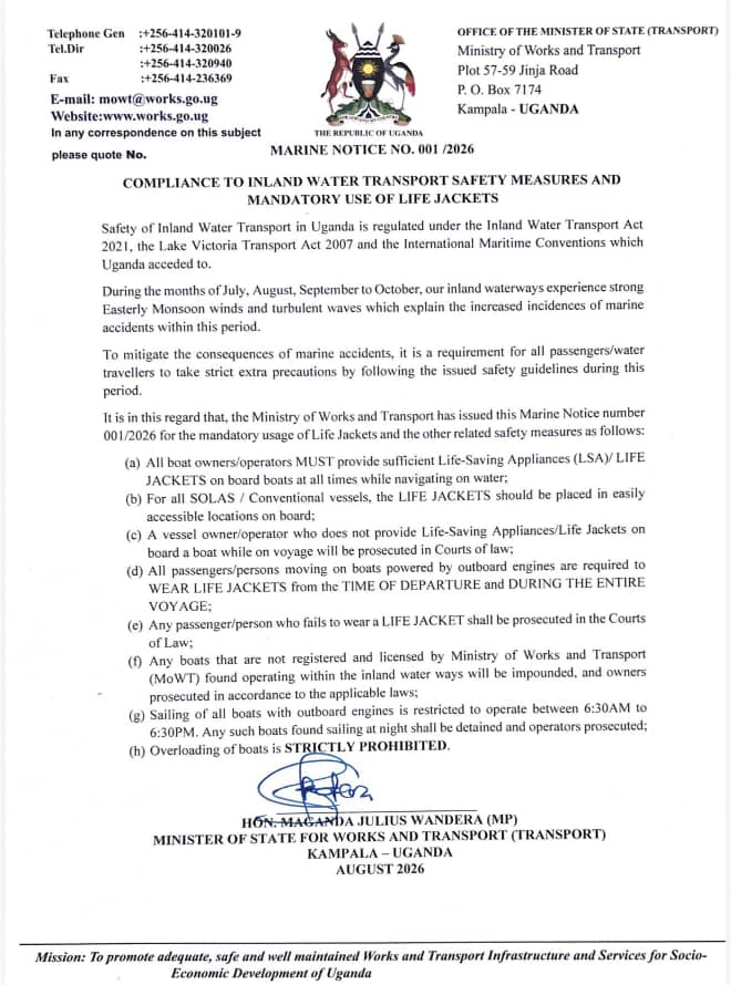 Uganda Orders All Boat Passengers to Wear Life Jackets as Water Accidents Rise