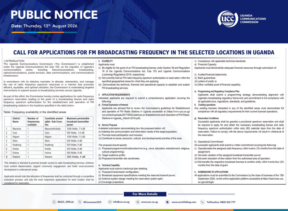 UCC Opens FM Radio Frequency Applications in Eight Districts to Expand Access to Broadcasting Services