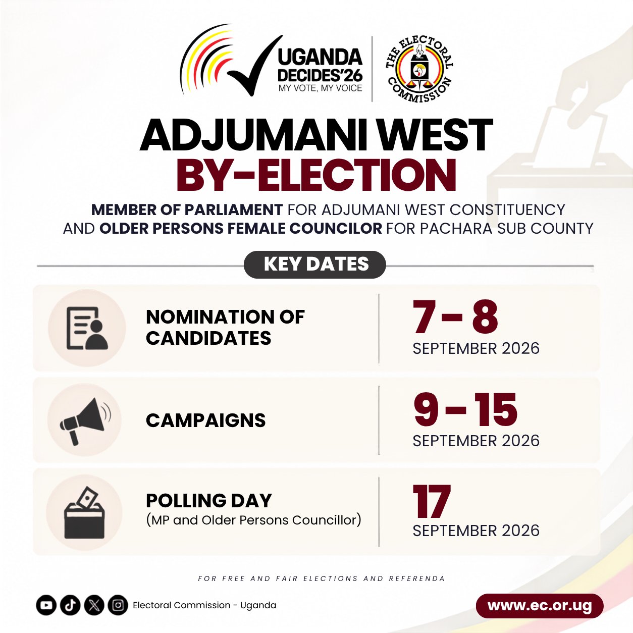 Adjumani West By-Election! Nomination Exercise Starts Today Ahead of September 17 Poll