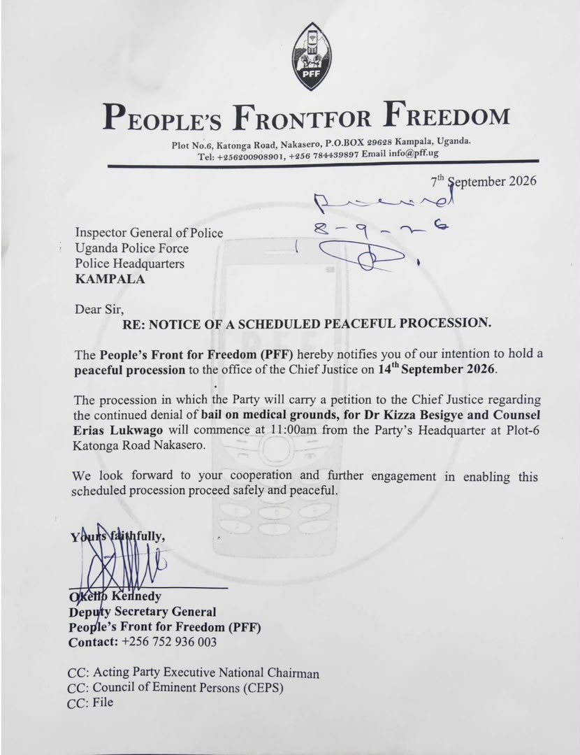 PFF Notifies Police of Peaceful Procession to Chief Justice Over Besigye, Lukwago Bail