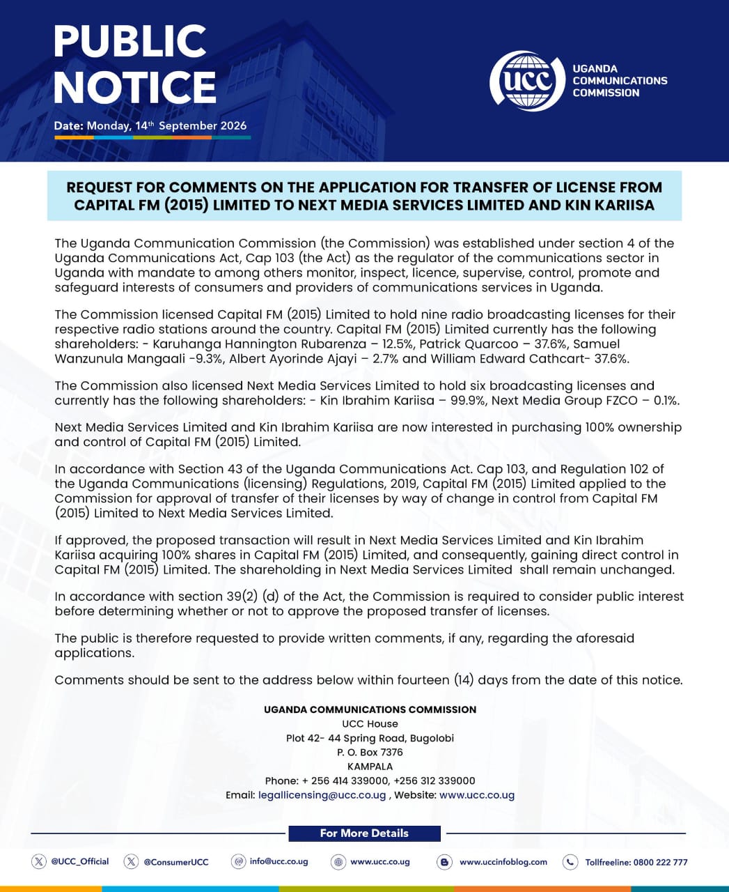 UCC Seeks Public Views On Next Media’s Proposed Acquisition Of Capital FM