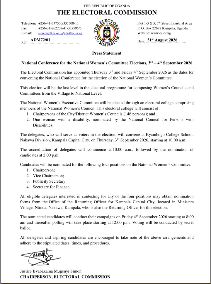 Electoral Commission Announces Dates for National Women’s Committee Elections